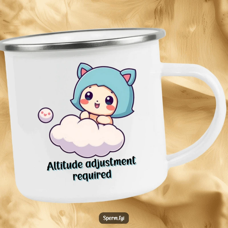 Funny cloud bouncing camping mug, a character playing with a cloud, durable and cheerful for outdoor use.