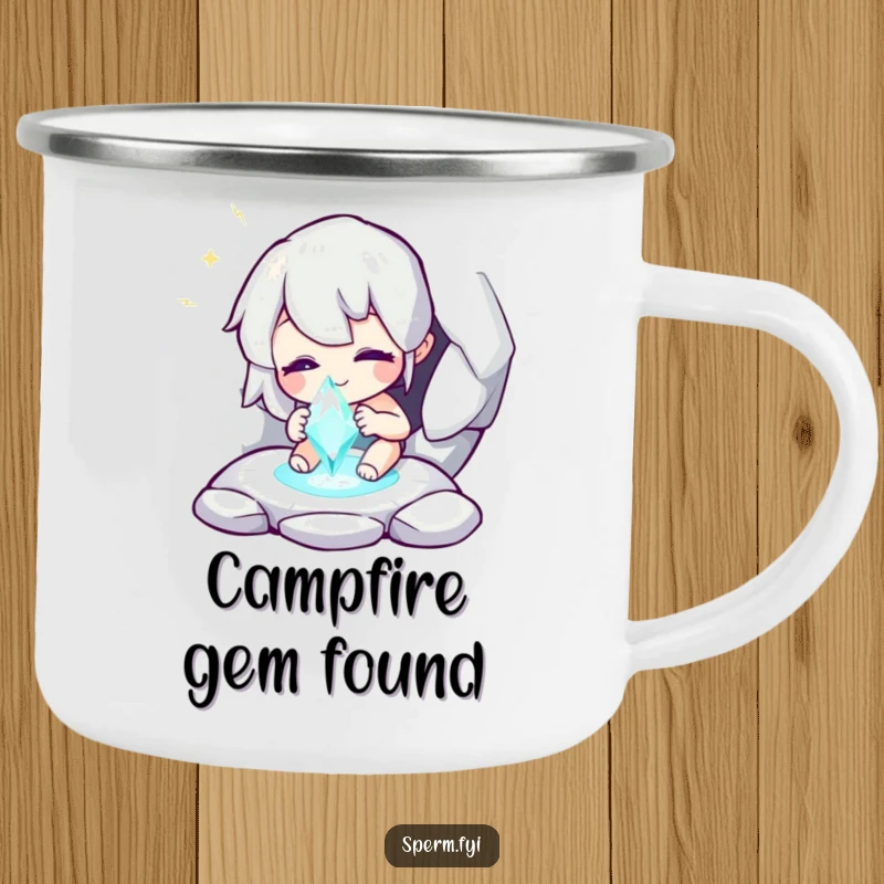 Funny camping mug featuring a whimsical character discovering a sparkling gem, perfect for humorous outdoor enjoyment.