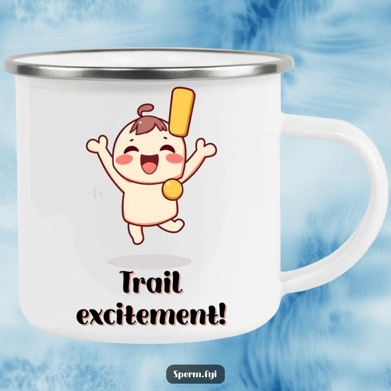Funny Kawaii Character Camping Mug: A jumping Kawaii character holds a giant exclamation mark, perfect for funny, joyful outdoor moments.