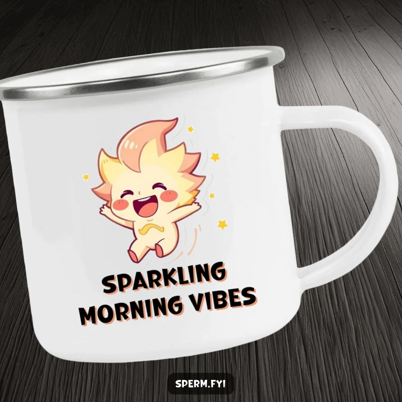 Funny camping mug featuring a joyous spark character zipping through the air, perfect for outdoor energy.