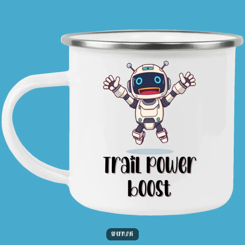 Funny Jumping Robot Camping Mug: Adventure-Ready Excited Character Drinkware
