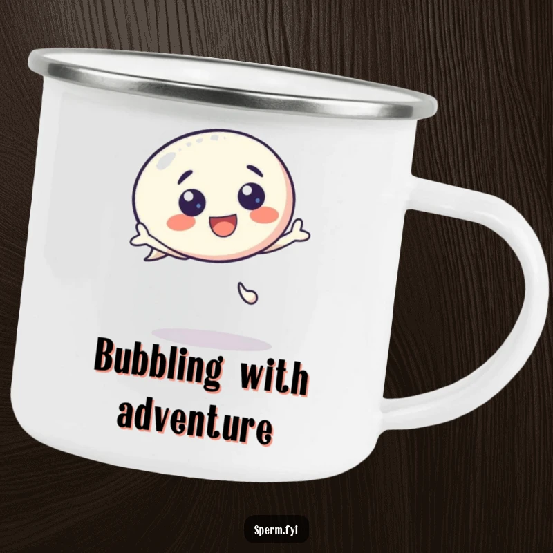 Funny Camping Mug: A cute kawaii speech bubble character bouncing with enthusiasm, ideal for outdoor trips.
