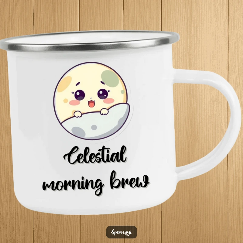 Funny camping mug with a surprised little moon character peeking from behind a planet, ideal for enjoying drinks outdoors.