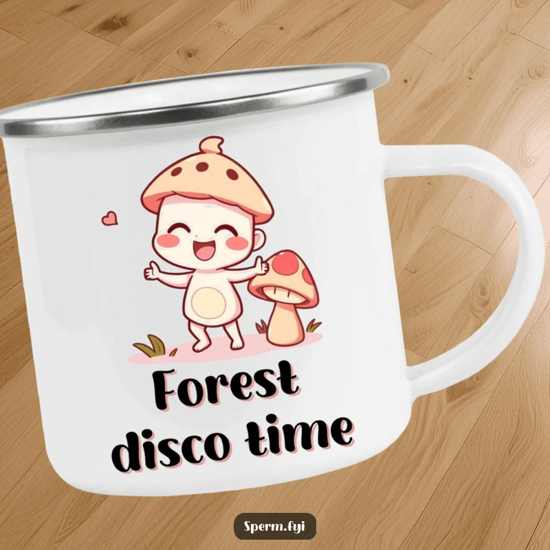Funny giggling character doing a silly dance with a talking mushroom, perfect for a humorous camping mug.