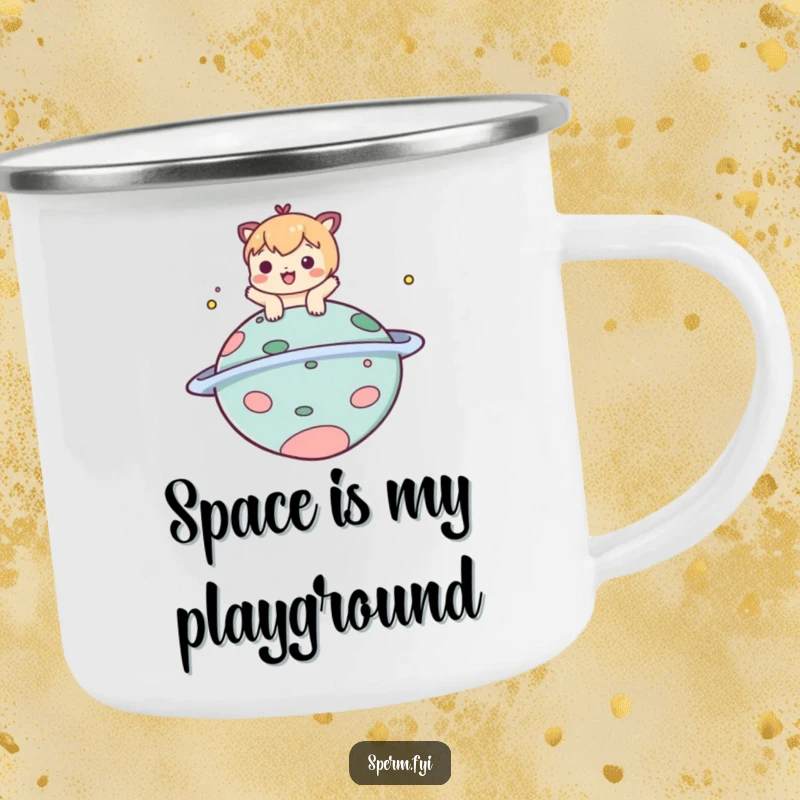Funny camping mug featuring a playful character bopping a comical planet, perfect for humorous outdoor enjoyment.
