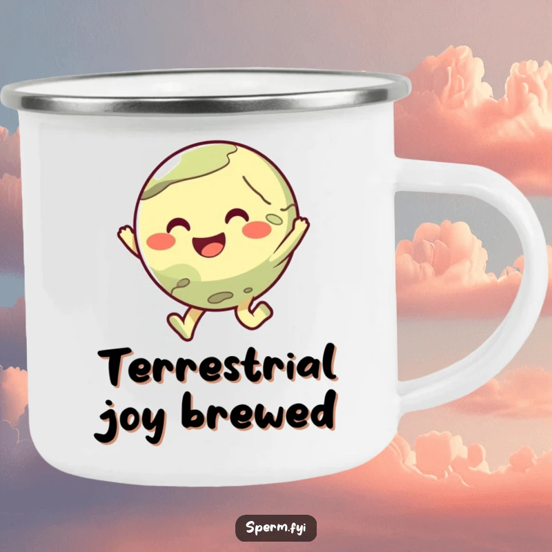 Funny camping mug featuring a cute planet character doing a joyful hop, perfect for humorous outdoor adventures.