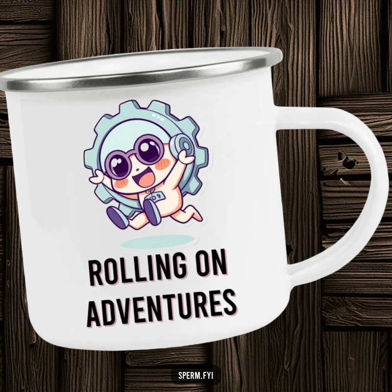 Funny, rugged camping mug showing a quirky gear character in a playful tumble, perfect for humorous outdoor experiences.