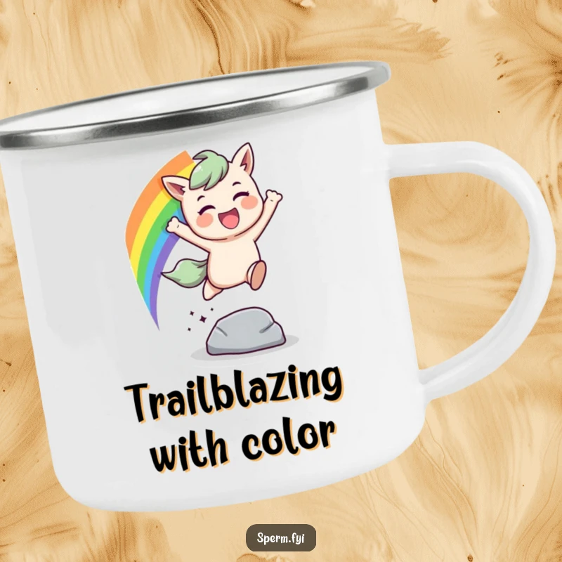 Funny rainbow leap camping mug, a character leaping with a rainbow trail, robust and joyful for outdoor use.