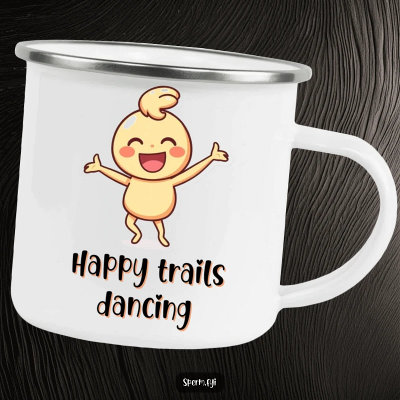 Funny camping mug featuring a happy smiley face character performing a silly dance, perfect for humorous outdoor enjoyment.