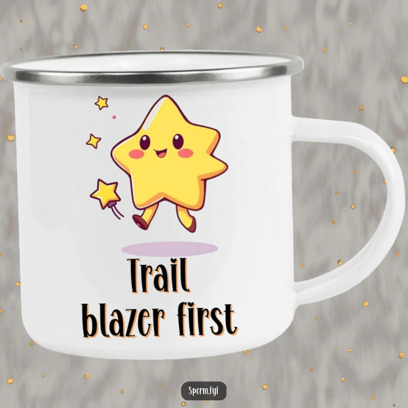 Funny camping mug featuring a star character playing tag with a comet, designed for outdoor enjoyment and humor.