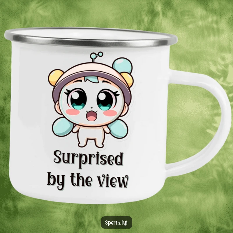 Funny camping mug with a surprised molecule character, perfect for unexpected outdoor moments.