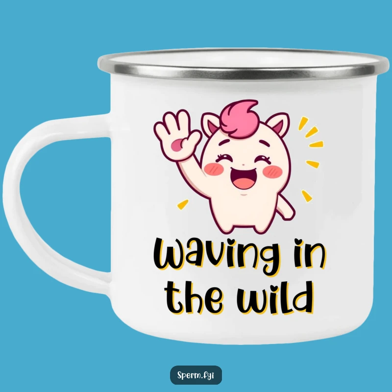 Funny Waving Character Camping Mug: Adventure with a Smile, Ideal Outdoor Funny Gift