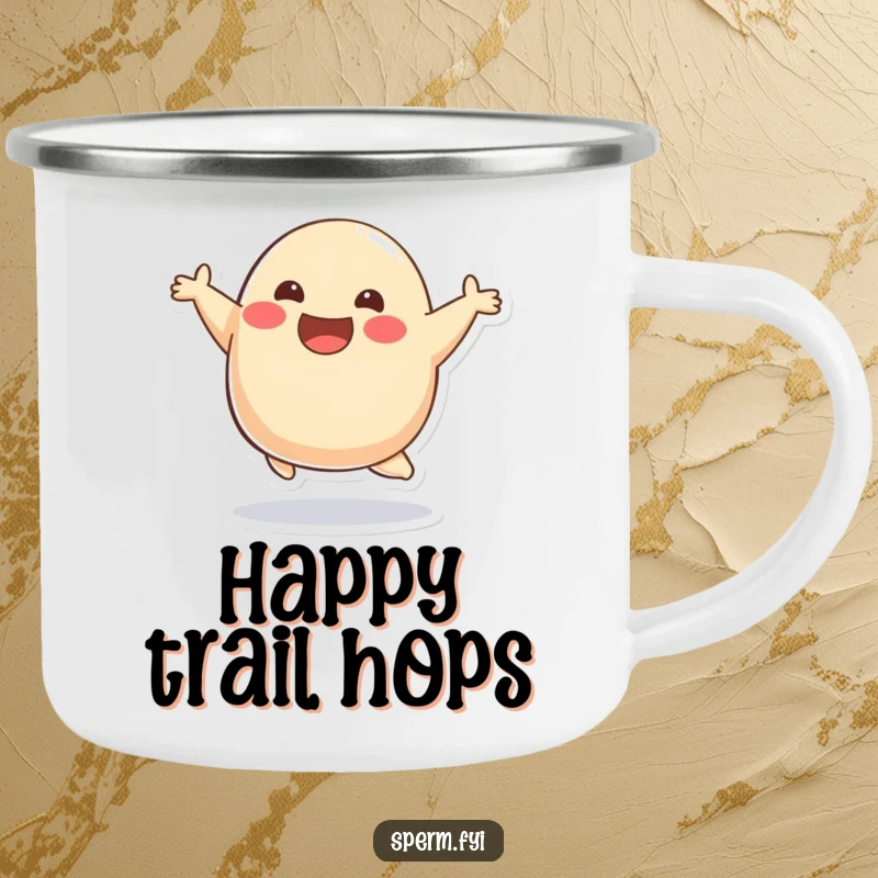 Funny smiling blob character mid-bounce on a durable camping mug, bringing joy to outdoor activities.