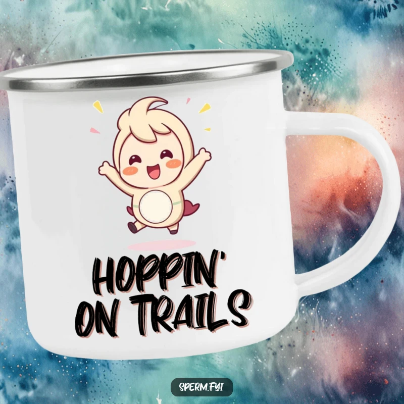 Funny Camping Mug: A happy character caught in a celebratory hop, perfect for outdoor enthusiasts.