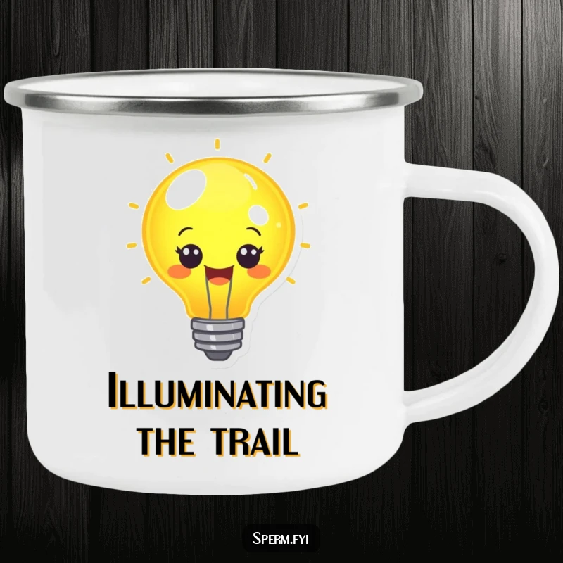 Funny cheerful lightbulb character glowing brightly near a campfire on a camping mug.