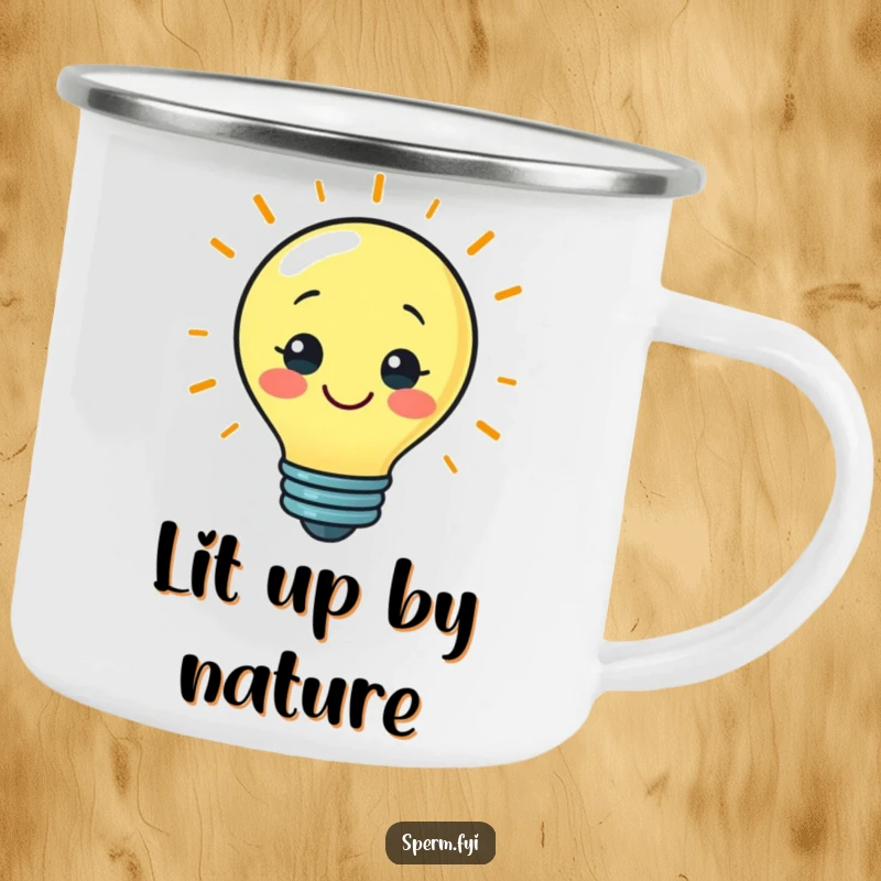 Funny camping mug featuring a smiling lightbulb character, perfect for outdoor brainstorming and hot drinks.