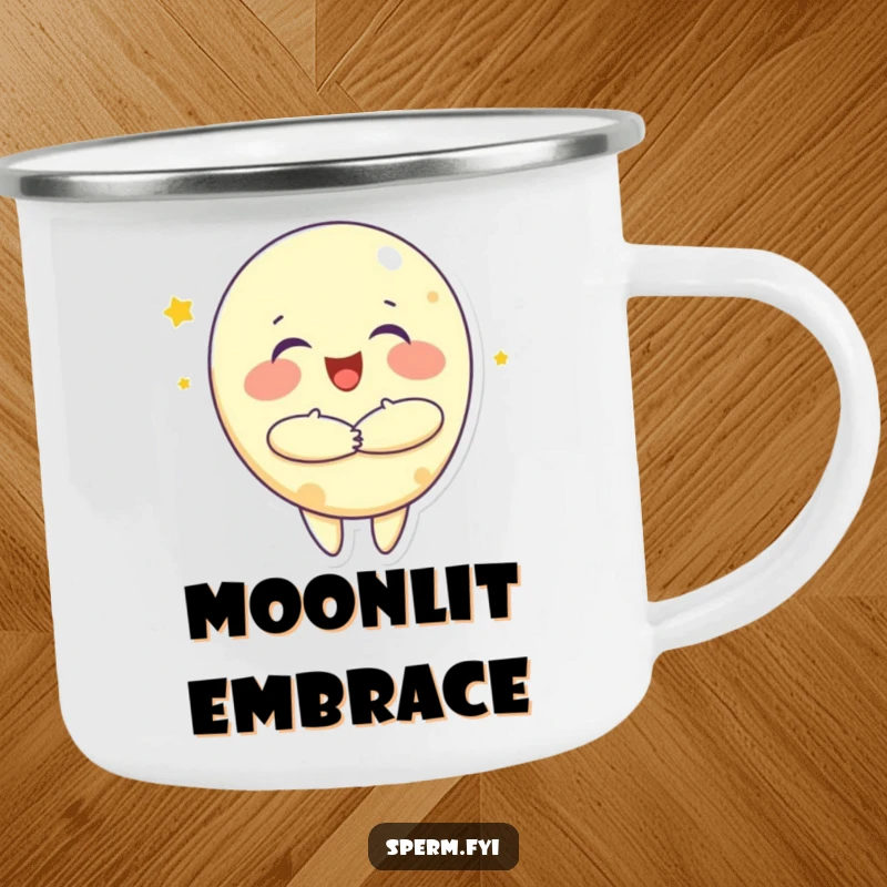 Funny camping mug with a joyful moon character giving a big hug, perfect for enjoying drinks outdoors with a touch of warmth.