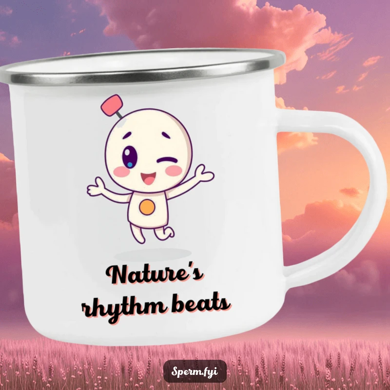 Funny camping mug with a winking atom character dancing, perfect for outdoor enthusiasts and coffee lovers.