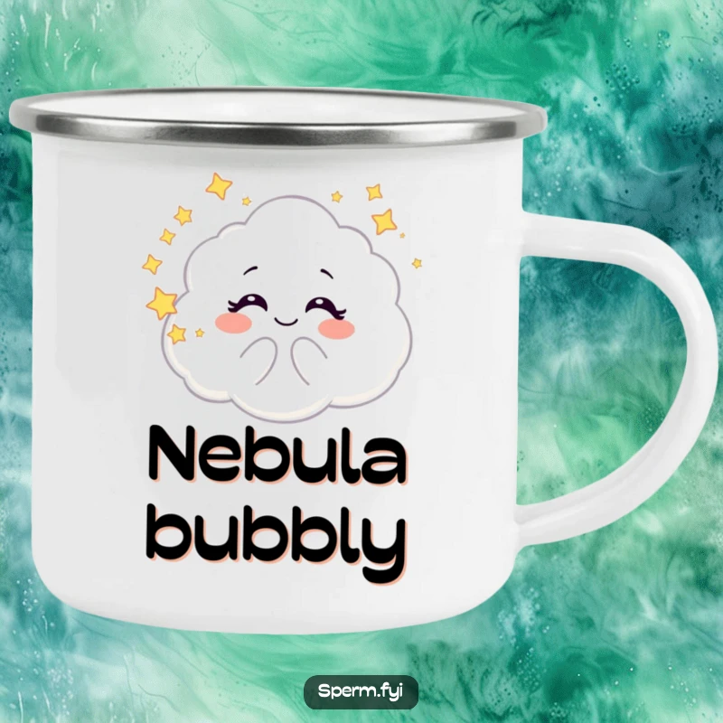 Funny camping mug featuring a giggling galaxy cloud character blowing starry bubbles, perfect for enjoying drinks outdoors with a touch of magic.