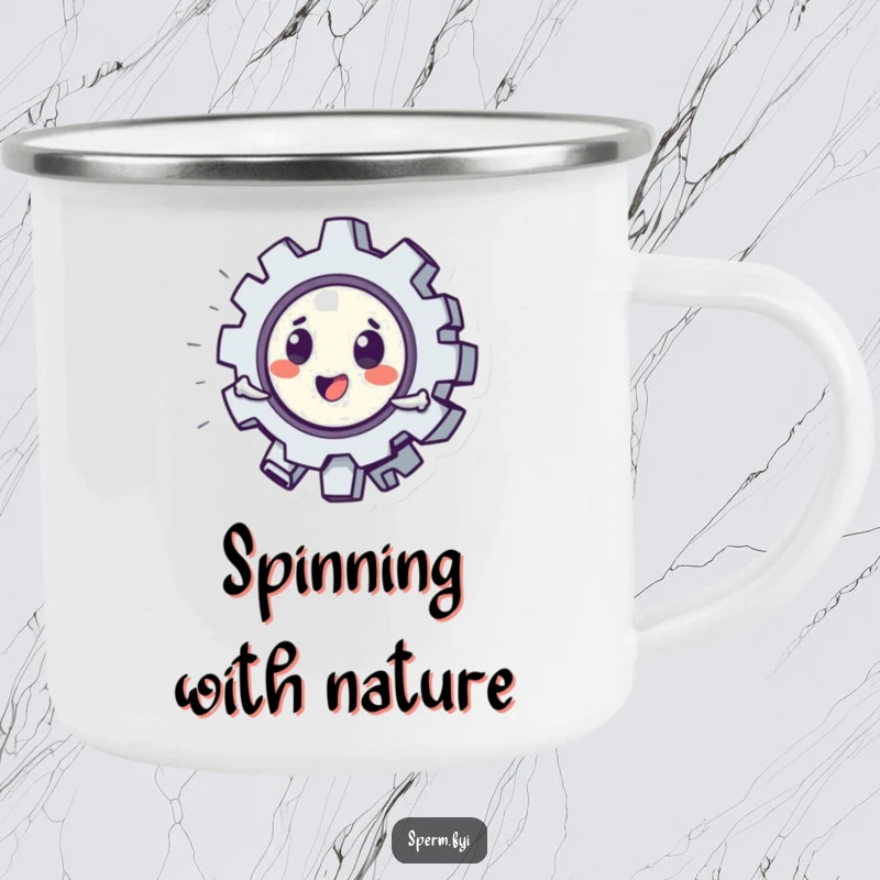 Funny camping mug with a playful gear character spinning rapidly, perfect for outdoor adventures and humorous enjoyment.