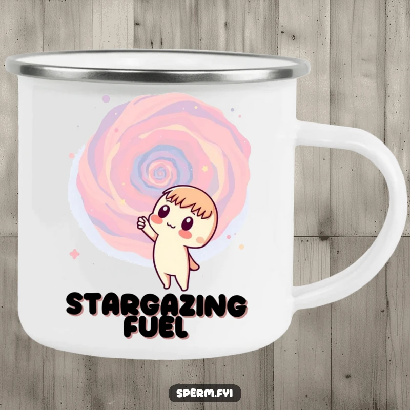 Funny galaxy camping mug featuring a curious character pointing at a swirling galaxy, perfect for humorous outdoor adventures.