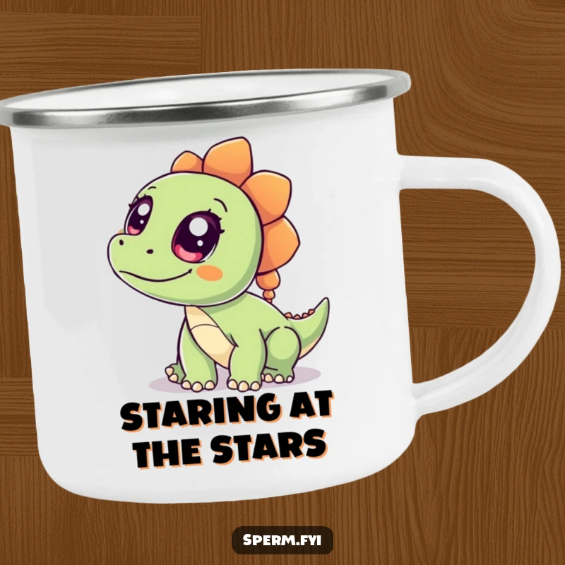 Funny Dinosaur Camping Mug with a wide-eyed, curious cartoon dinosaur, durable and humorous for outdoor enjoyment.