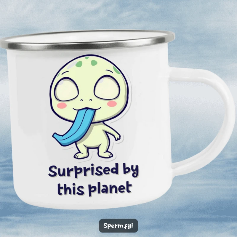 Funny alien camping mug, surprised expression, sticking out a long blue tongue, durable and quirky for outdoors.