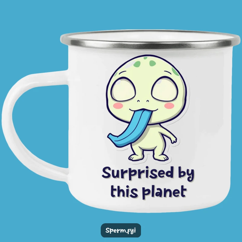 Funny Alien Camping Mug: Surprised Tongue Out, Humorous Outdoor Quirky Gift
