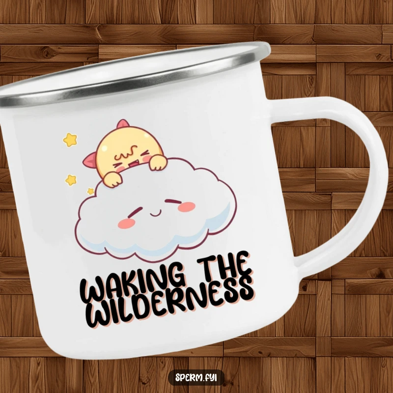 Funny tickling cloud camping mug, a character tickling a cloud, durable and playful for outdoor use.