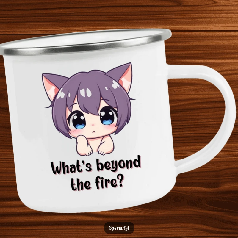 Funny curious character peering intently off-screen on a durable camping mug, blending outdoor fun with mystery.