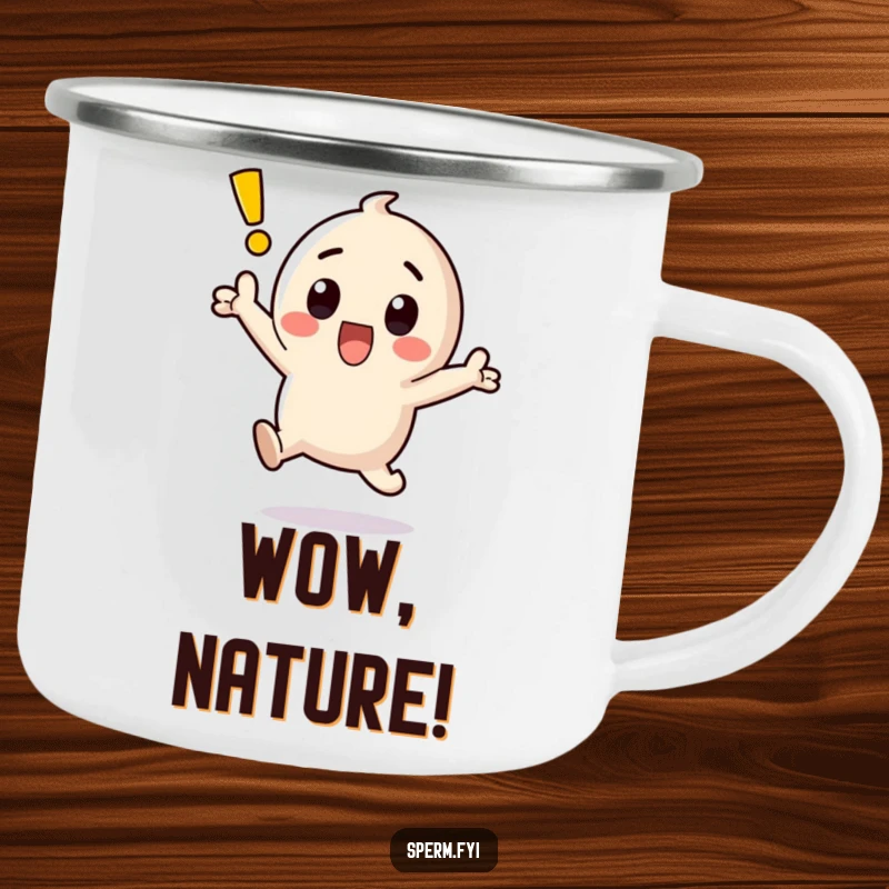 Funny kawaii exclamation point character jumping with surprise near a campfire on a camping mug.