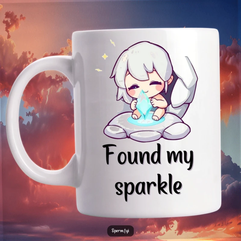 Funny mug showing a whimsical character excitedly discovering a sparkling, hidden gem, symbolizing a moment of joy.