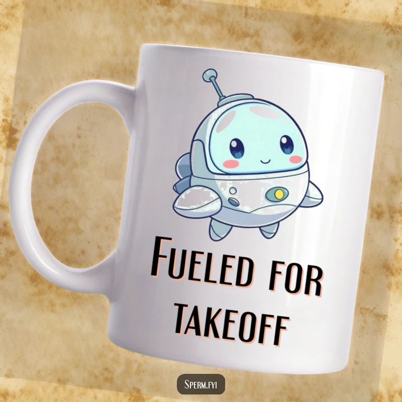 Funny mug featuring a bouncing little spaceship character with a determined look, ready for an interstellar journey.