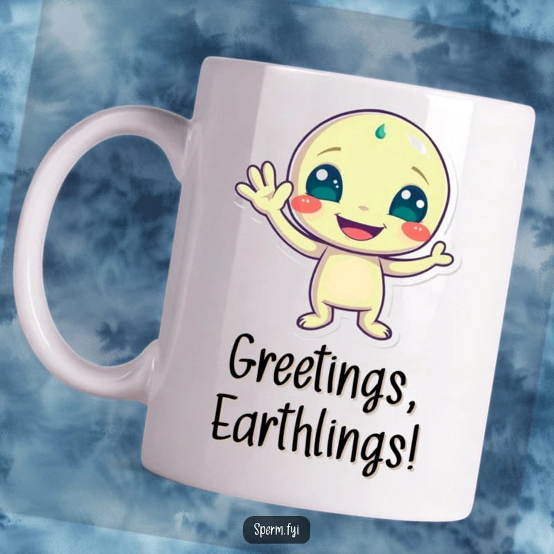 Funny mug featuring a playful alien character waving enthusiastically with a wide, friendly grin, welcoming all.