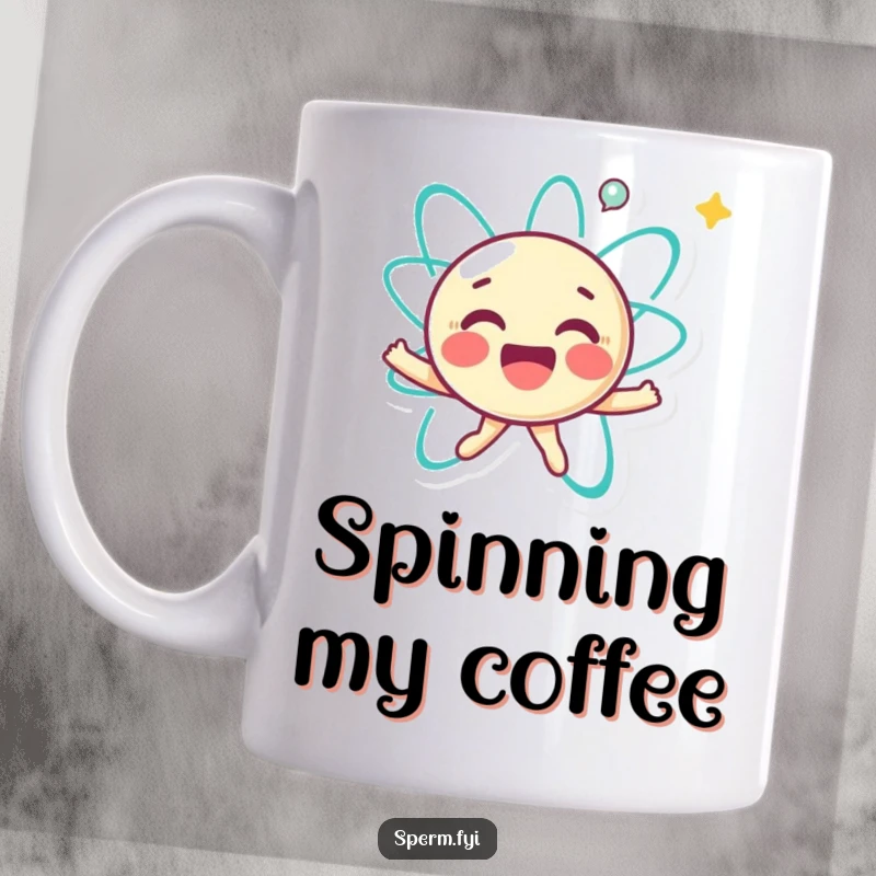 Funny mug featuring a joyful little atom character happily spinning with energetic electrons, radiating positive vibes.