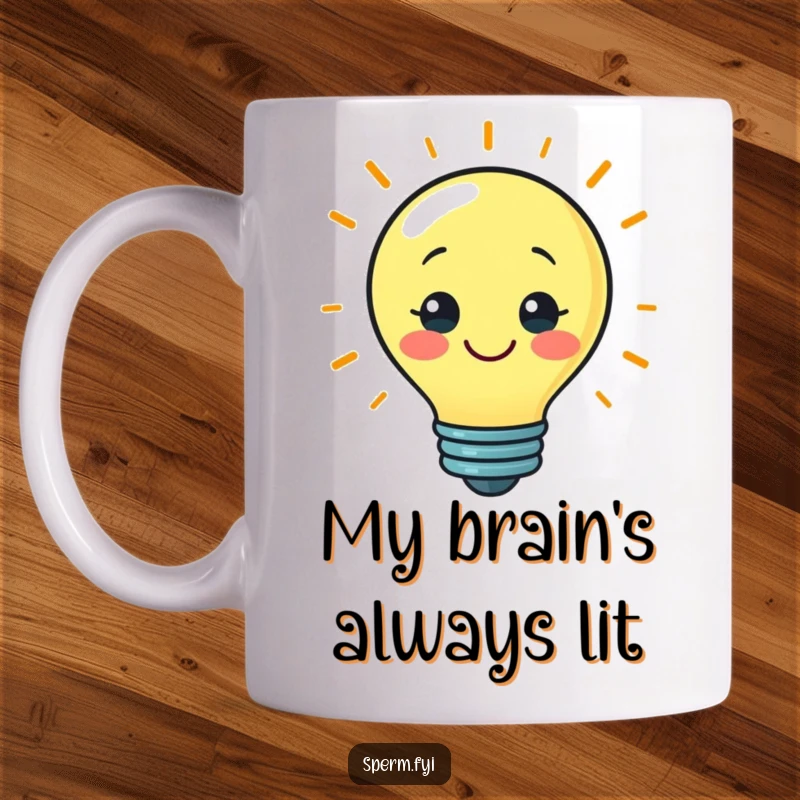 Funny lightbulb mug featuring a smiling character having a brilliant idea, perfect for coffee lovers and innovators.