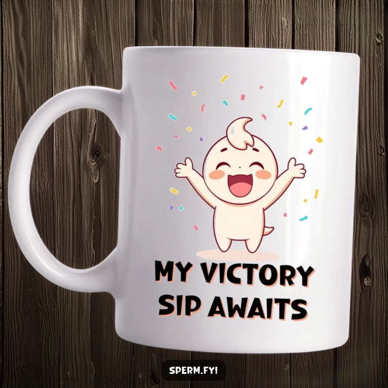 Funny mug with a gleeful character erupting in cheers as colorful confetti rains down, embodying pure celebration and joy.
