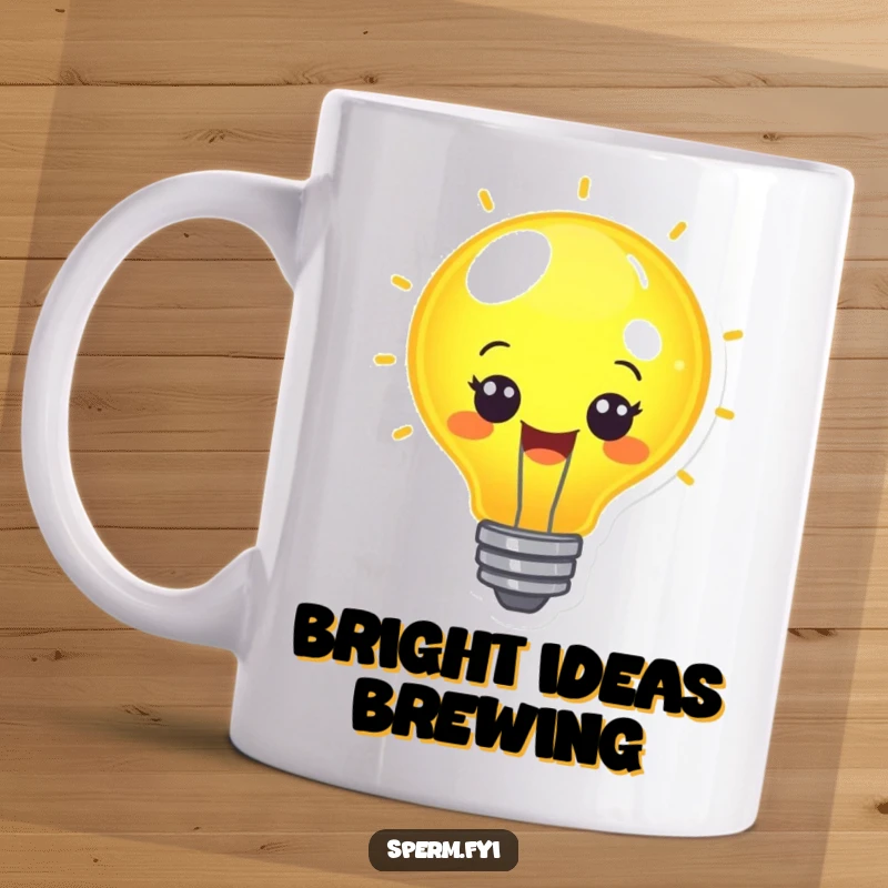 Funny cheerful lightbulb character glowing brightly with a happy smile on a mug.
