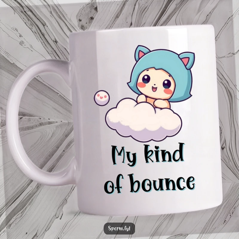 Funny cloud bouncing mug, a cheerful character playing with a small cloud like a ball, perfect for joyful moments.