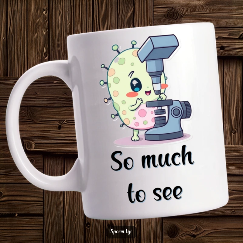 Funny mug depicting a curious bacteria character intently looking through a microscope, celebrating exploration.