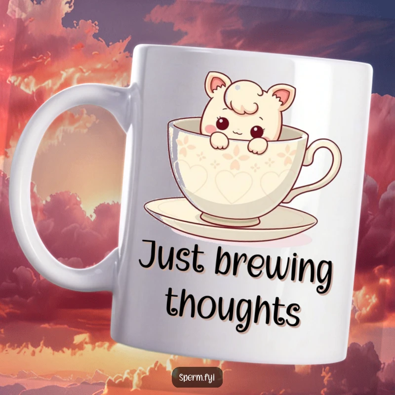 Funny curious character peeking out from inside a giant teacup, offering a delightful surprise.