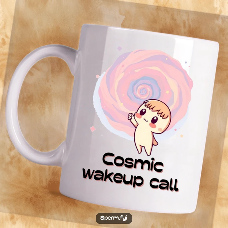 Funny galaxy mug showing a curious character pointing upwards at a magnificent swirling galaxy, evoking wonder.