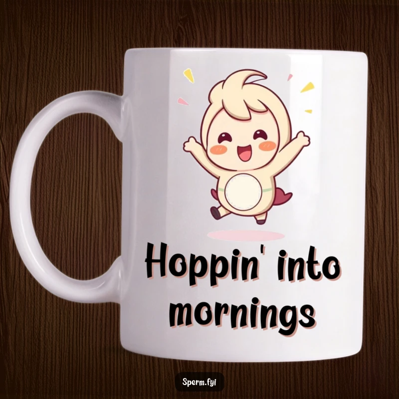 Funny Mug: A happy character captured mid-air, doing a little celebratory hop with excitement and glee.