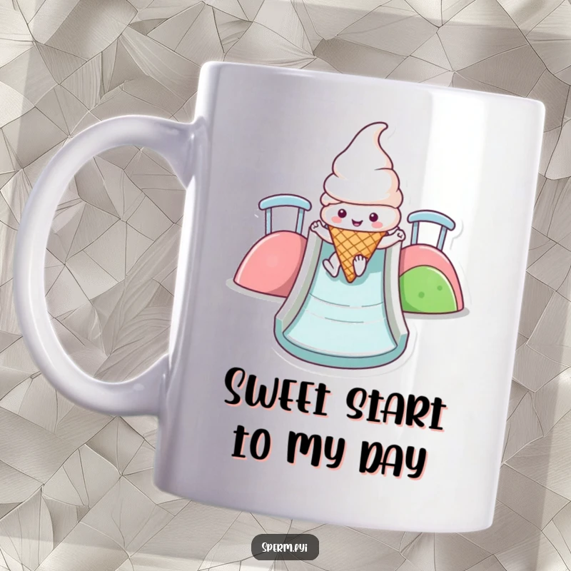 Funny Kawaii ice cream cone mug character joyfully sliding down a vibrant, colorful slide, radiating pure, sweet happiness.