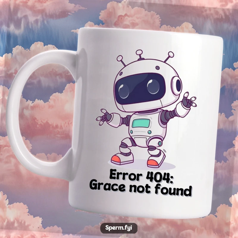 Funny Kawaii robot comically stumbling over its own feet, captured in a humorous design for this delightful mug.
