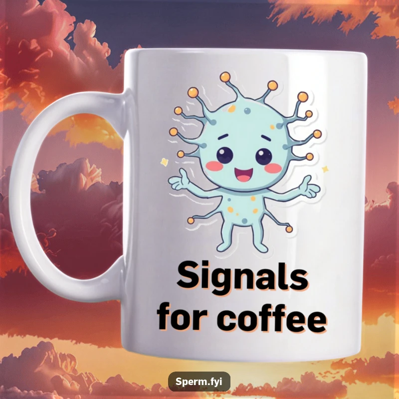 Funny mug with a happy neuron character actively sending signals, representing bright ideas and mental energy.