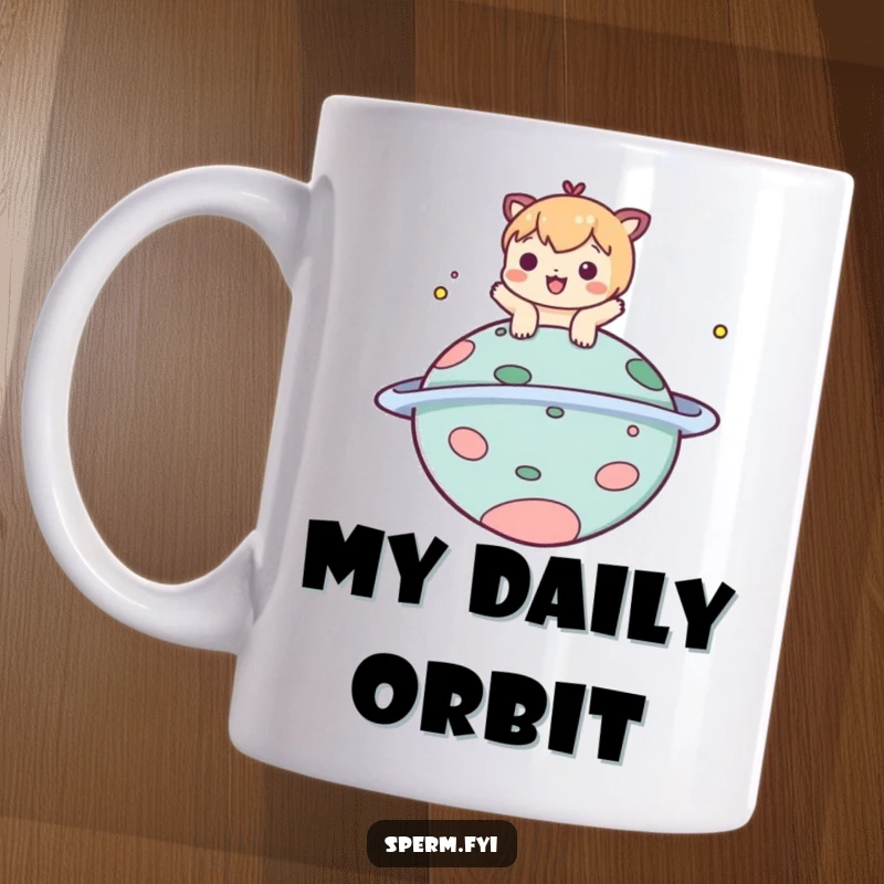 Funny mug showing a playful character joyfully bopping a comical, floating planet, embodying lighthearted cosmic fun.