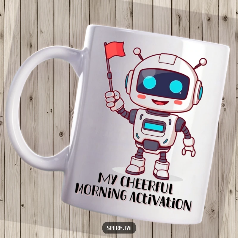 Funny robot mug, smiling, cheerfully waving a tiny flag, symbolizing joy and friendly automation.