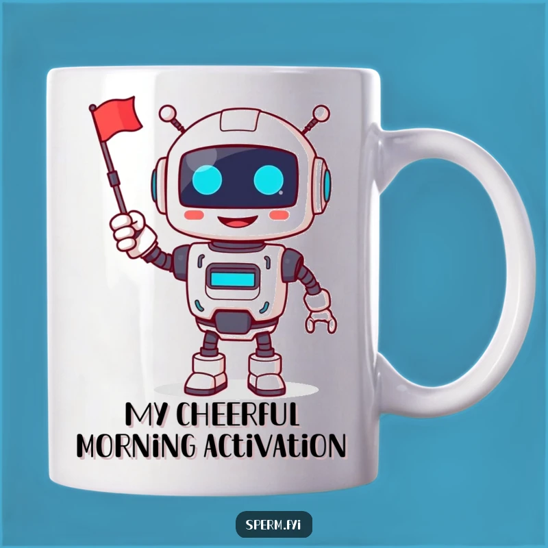 Funny Robot Mug: Cheerful Flag Waving, Perfect Joyful Tech Gift
