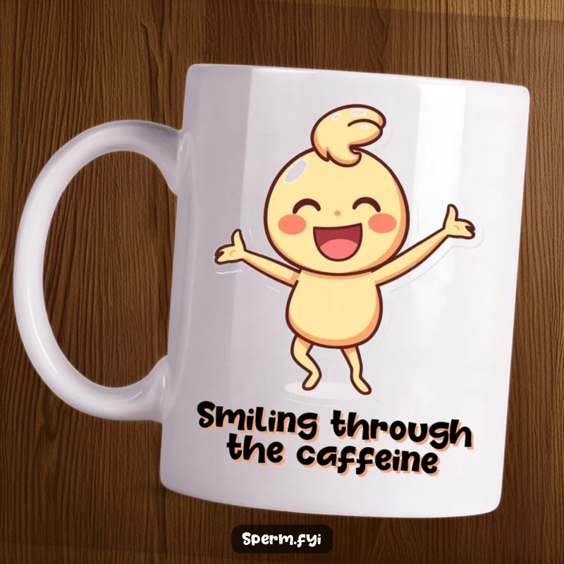Funny mug featuring a happy smiley face character enthusiastically performing a silly, joyful dance.